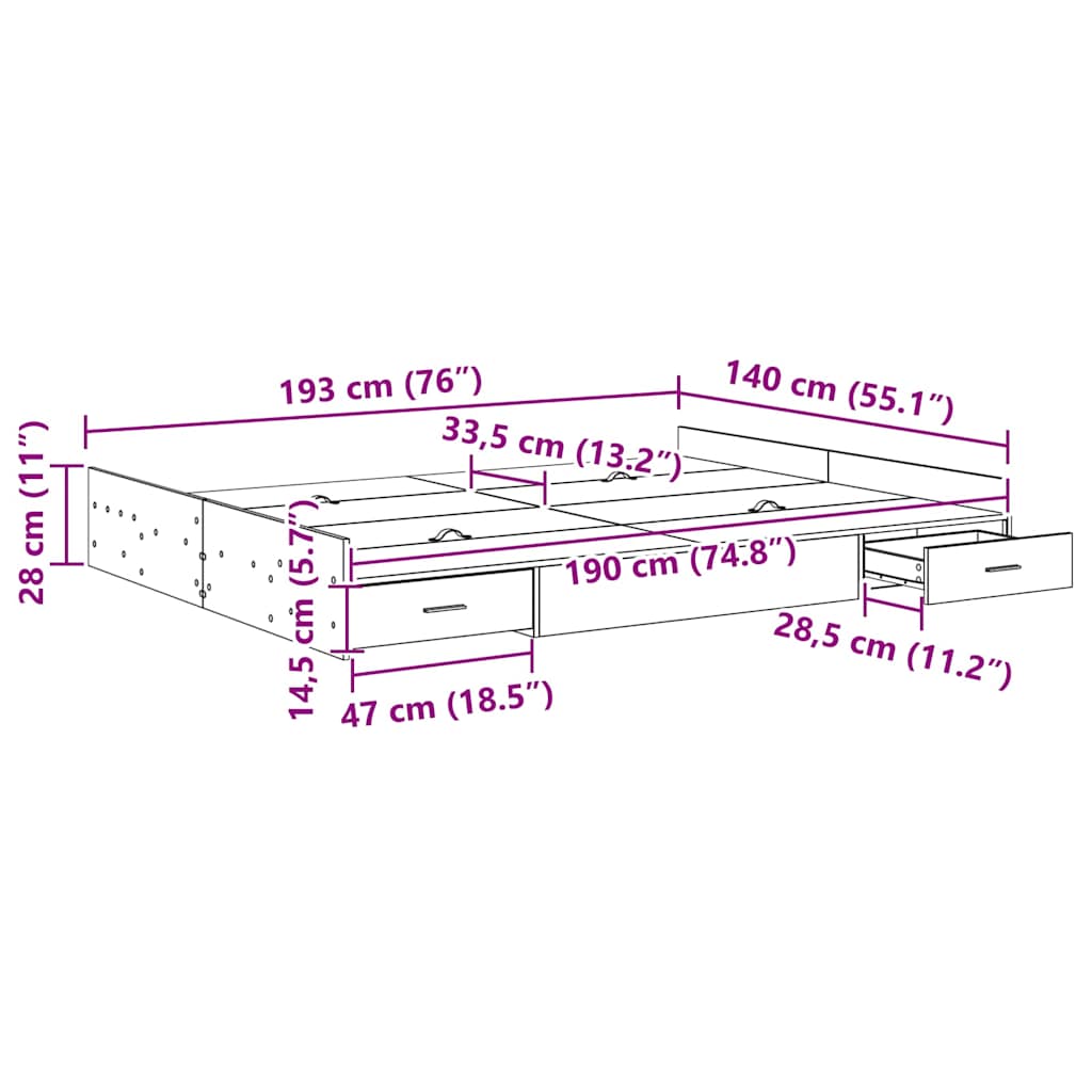 Storage Bed Frame with Headboard Sonoma Oak 140 x 190 cm