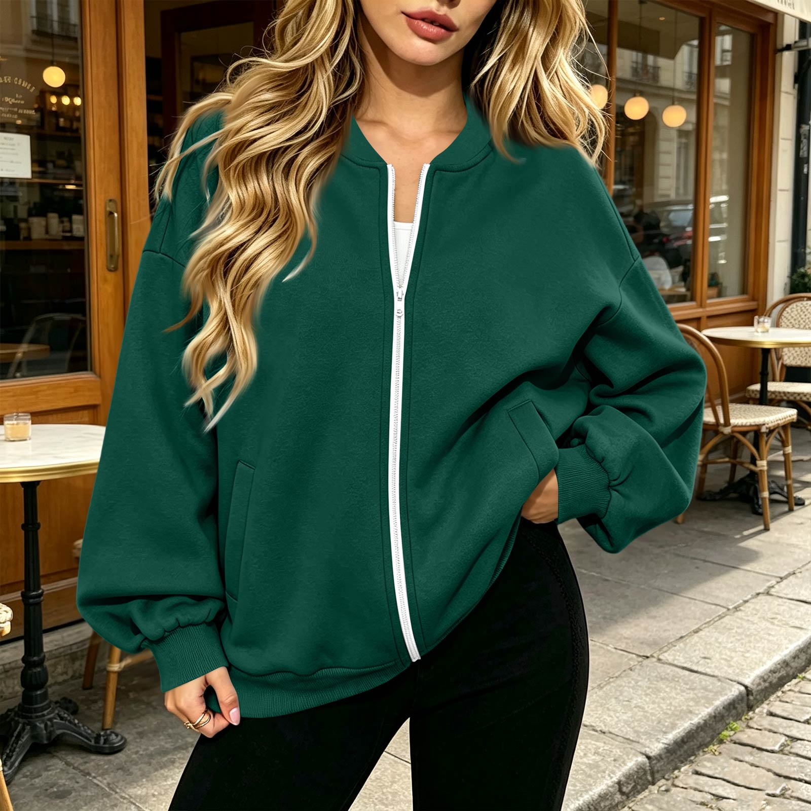 Women s Fashion Long Sleeve V-Neck Loose Fit Zip Up Jacket L