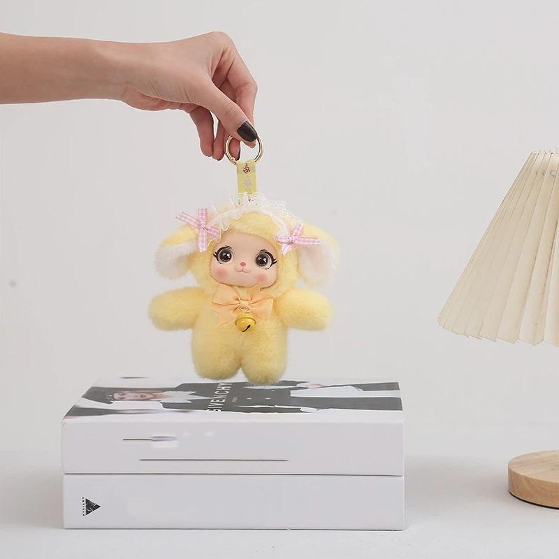 Cute Fluffy Plush Rabbit Pendant Soft Lace Bow Bell Decor Bag Keychain for Girls Birthday Gift Backpack Accessory