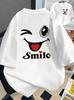 Women Colorful Smile Smiley Face Graphic T-Shirt, Casual Crew Neck Short Sleeve Top,Front & Back Print Happy Positive Slogan Tee