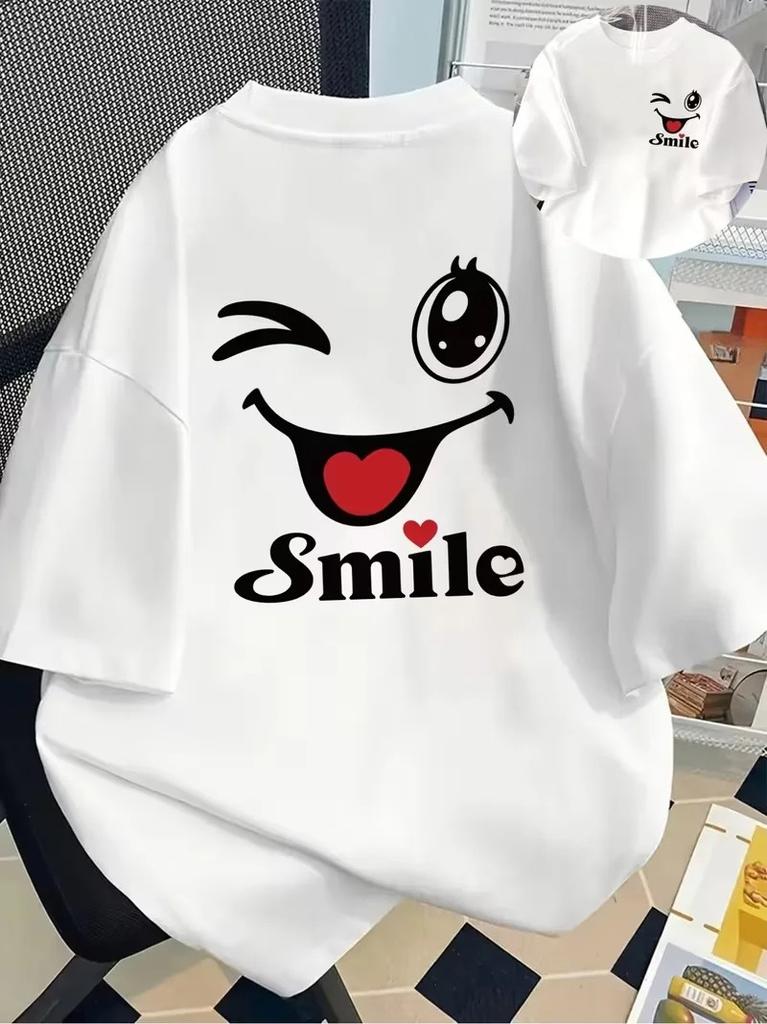 Women Colorful Smile Smiley Face Graphic T-Shirt, Casual Crew Neck Short Sleeve Top,Front & Back Print Happy Positive Slogan Tee