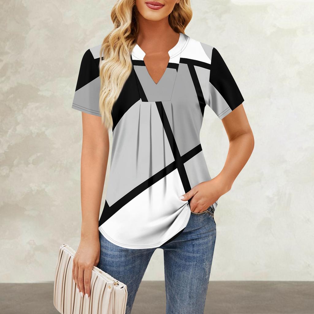 Maglietta da donna a maniche corte, casual, con scollo a V, pieghe sul petto, stampata e ampia