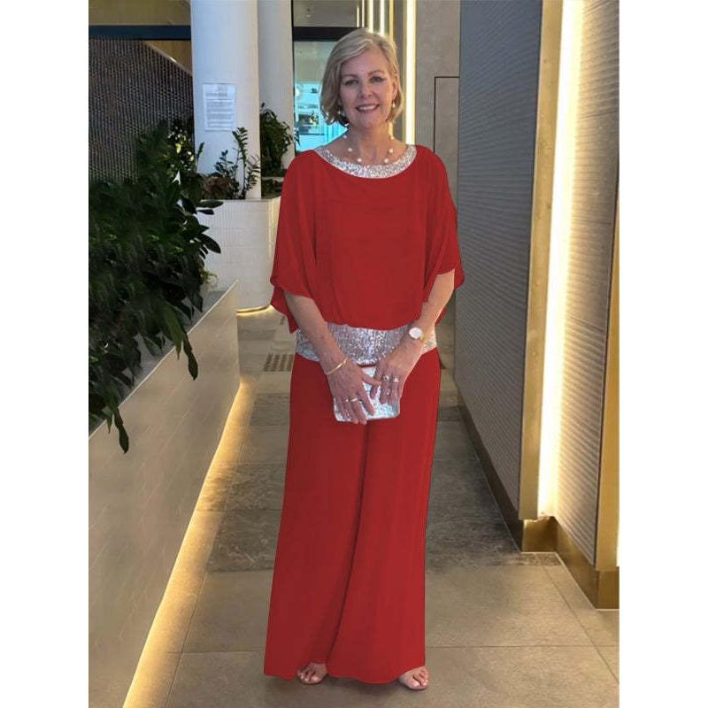 YYFS Damenmode Casual Frühling Herbst Einfarbig Druck 1/2 Ärmel O Hals Hosen Hosen Anzüge