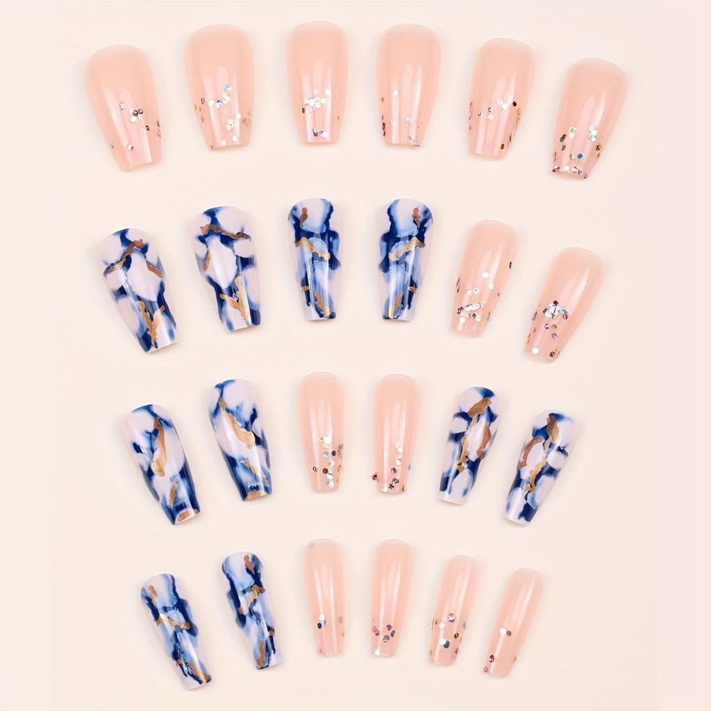 24 Stück Glänzende Blaue Marmoroptik Aufdrücknägel mit Goldfolien-Design und Glänzendem Rosa Kleber - Vollständige Abdeckung Mittel Lange Sarg-Ballett Falsche Nägel