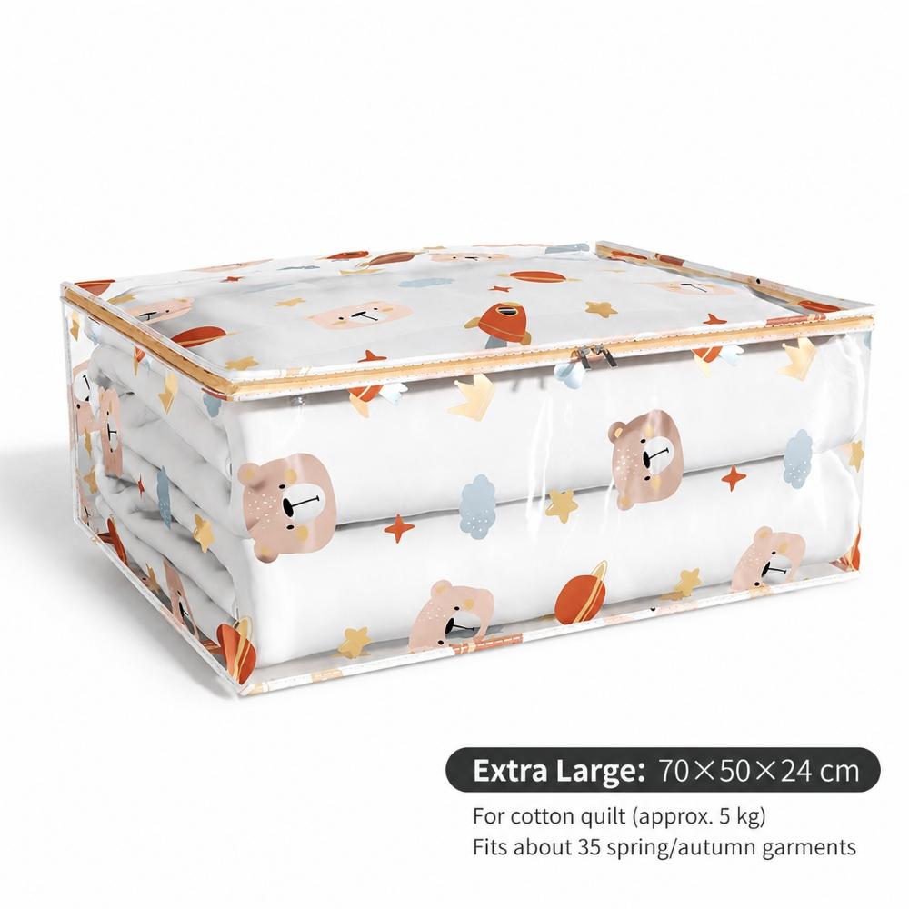 PEVA Transparent Zipper Storage Bag For Quilts, Blankets And Clothes, Cartoon Print Organizer For Bedroom Wardrobe And Closet, Three Sizes