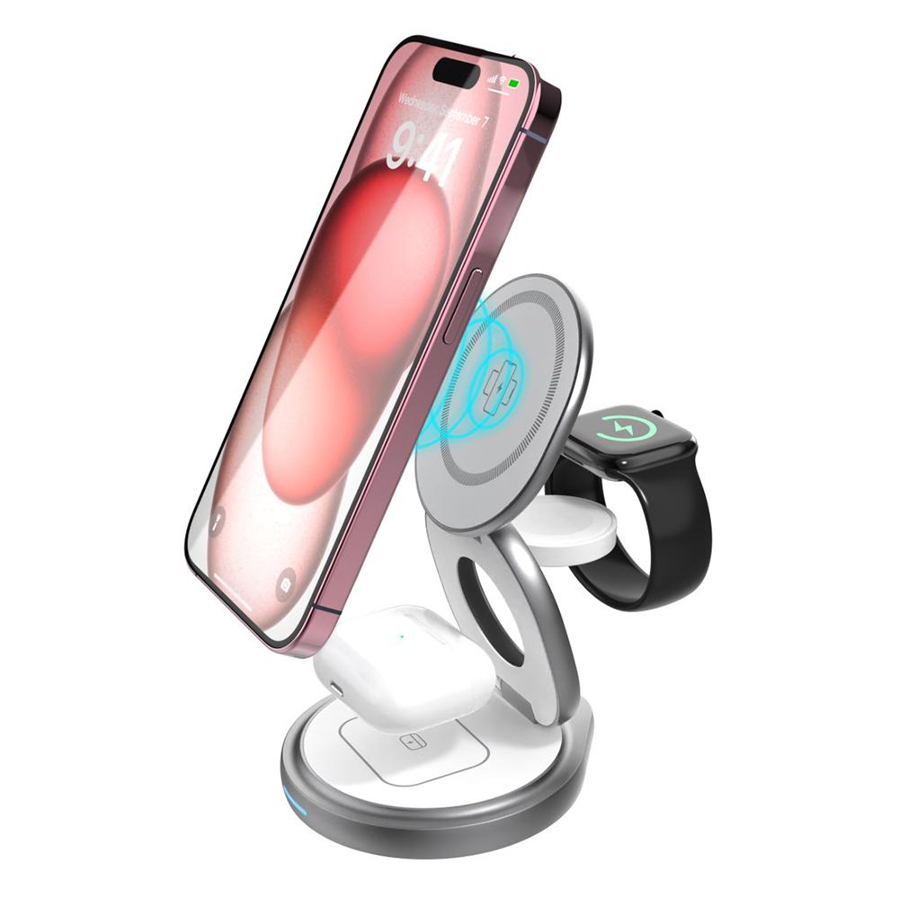 For iPhone 16 3-in-1 Magnetic Wireless Charger 360° Rotatable Zinc Alloy Stand