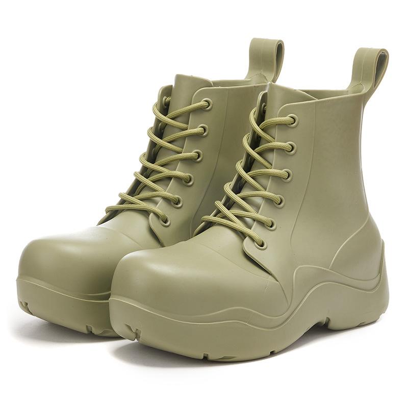 

Модные резиновые сапоги женские на толстой подошве уличные на шнуровке нескользящие модные ботильоны рабочие однотонные на четыре сезона водонепроницаемые zapatos mujer 40-41 зелёный