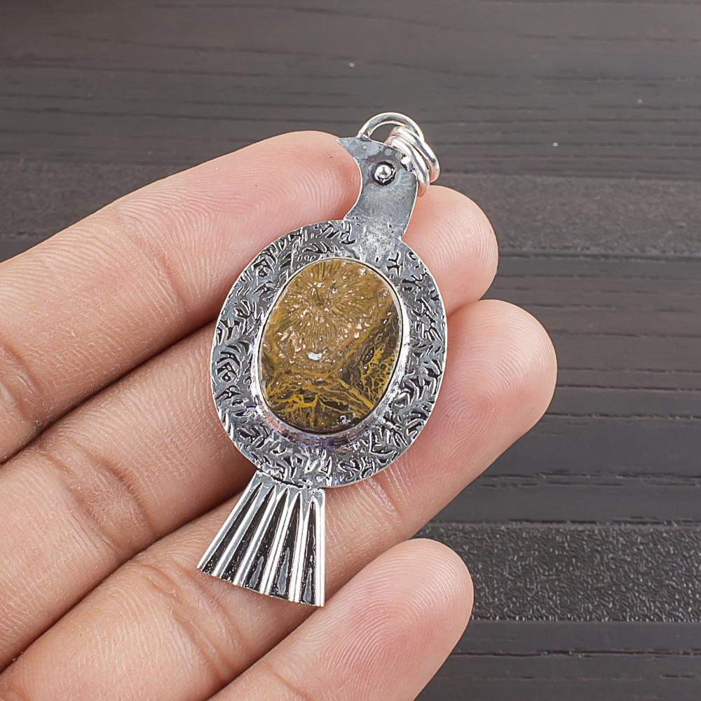 

Natural Fossil Coral Gemstone 925 Sterling Silver Jewelry Designer Pendant 2.15 AJP-2111