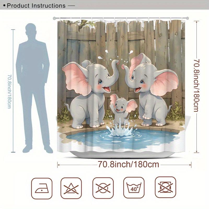

Cute Baby Elephants Playing In Water Shower Curtain Waterproof Moisture Proof Privacy Protection Animal Design Cartoon Kids W60H190(CM)-1 Pcs