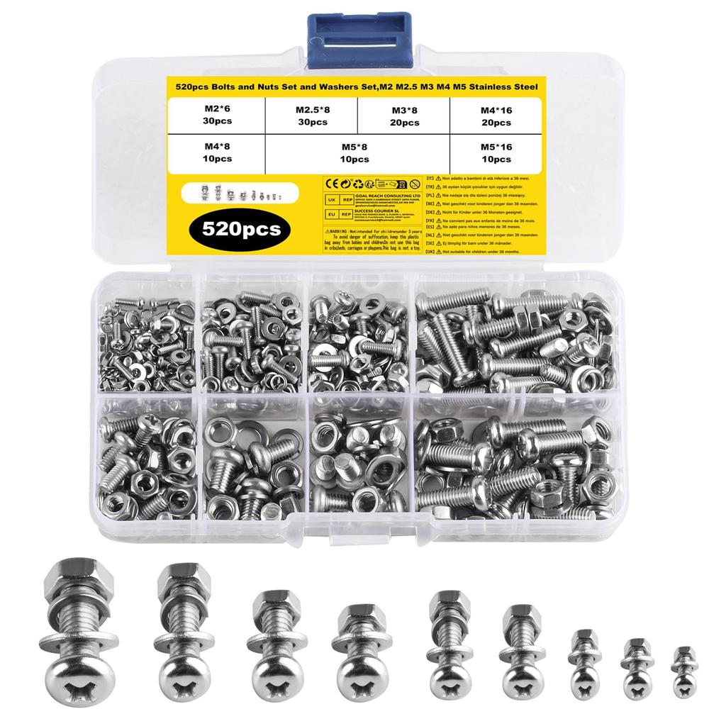 520 Pcs Bolts and Nuts Set, M2 M2.5 M3 M4 M5 Nuts and Bolts Assortment