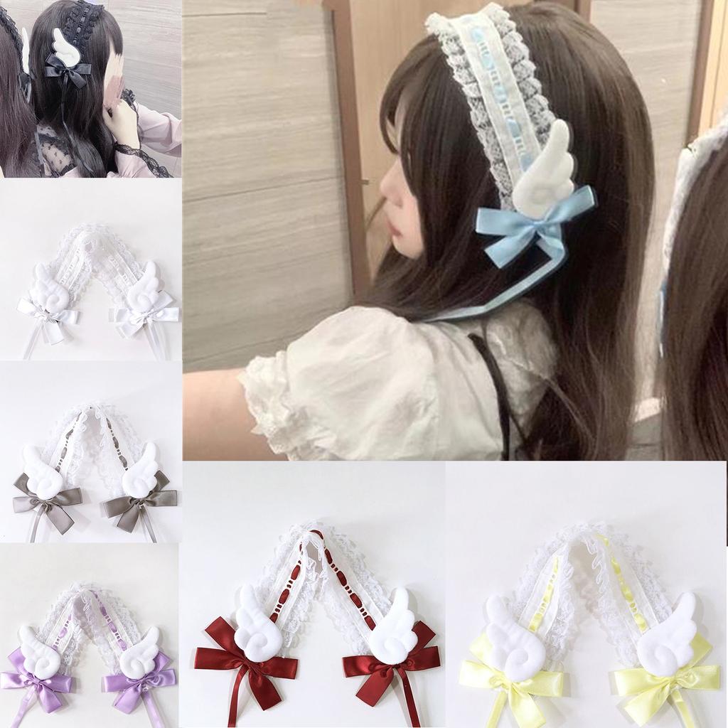 Gothic Lolita Headdress Maid Headwear Lace Hair Accessories Cosplay Headband Cute Wing & Bowknot Decors Sweet Hair Bands