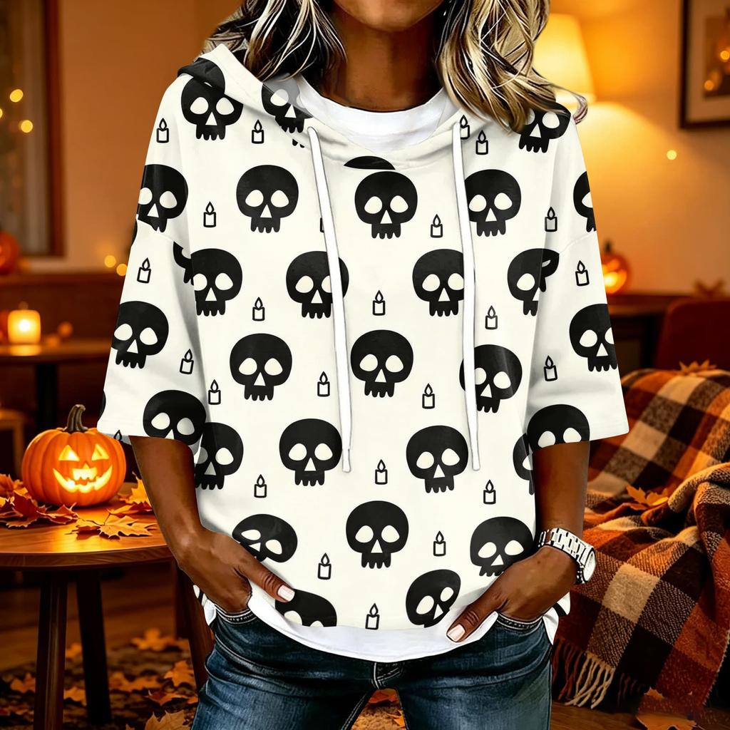 Women's Halloween Printed Hoodie Loose Fit Three-Quarter Sleeve Casual Top