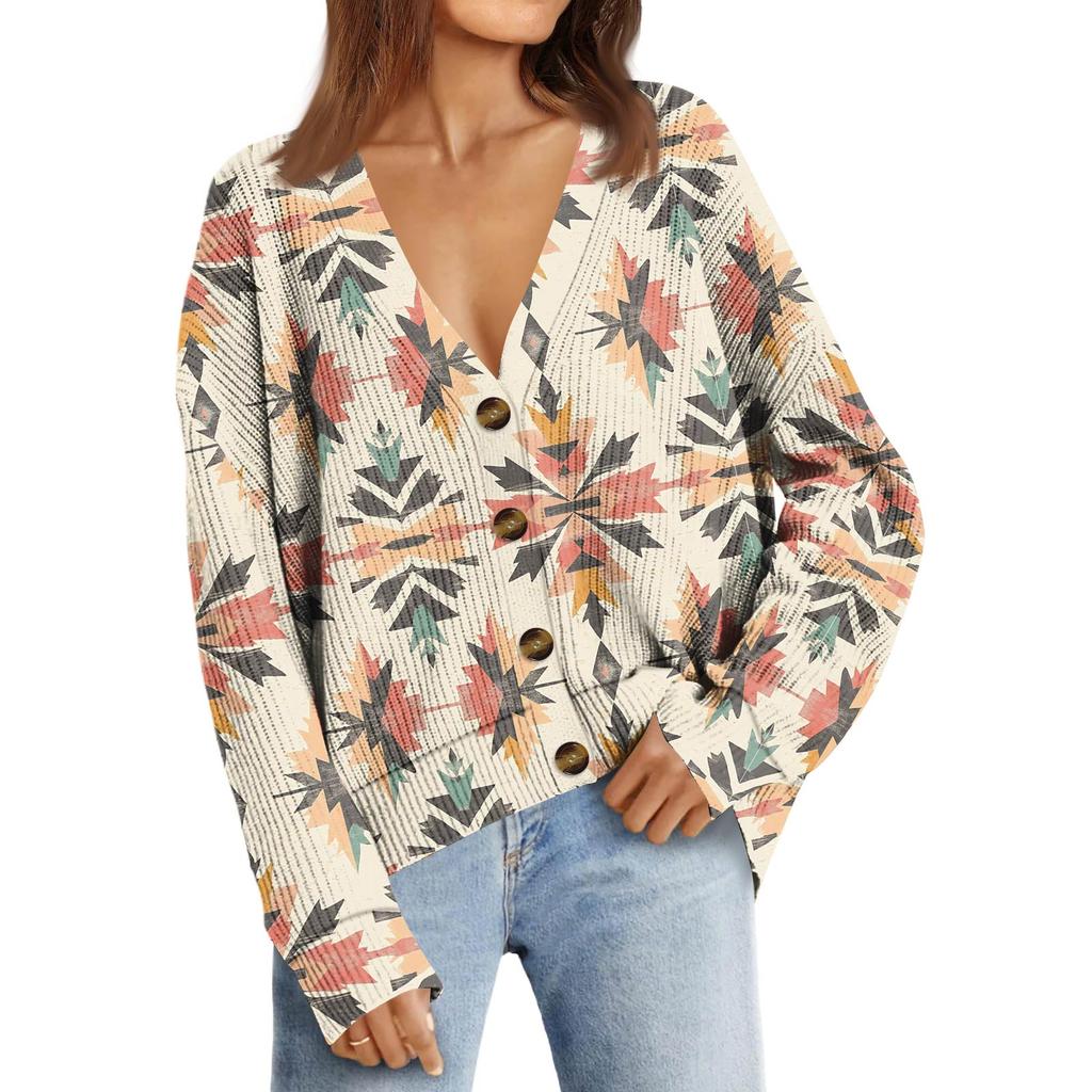 Women's Fashion Long Sleeve Christmas Print V-Neck Button Loose Cardigan Top