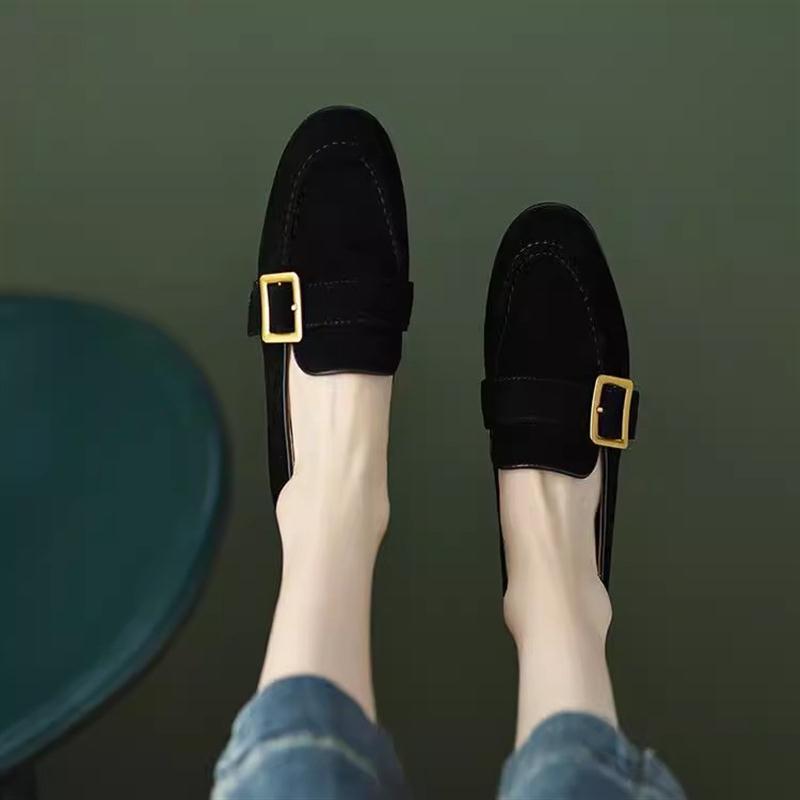British Style Retro Round Head Flat-soled Loafers 2025 New Belt Buckle Soft Leather Deep Mouth One-pedal Single Shoes