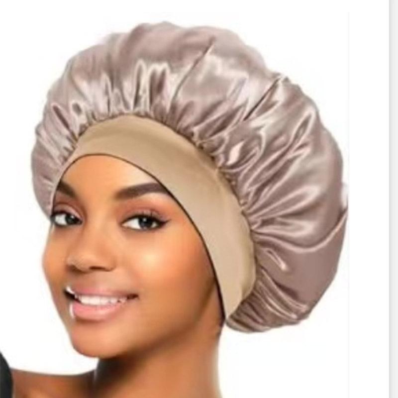 Solid color wide edge high elastic adult nightcap men's and women's fashion hair care beauty shower cap satin