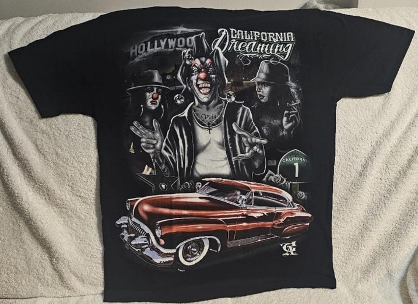 

JOKER CLOWN GIRL CLASSIC CAR HOLLYWOOD CALIFORNIA DREAMING ROSE T-shirt 4XL