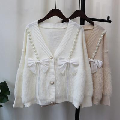 Autumn and Winter New Loose Splicing Imitation Mink Velvet Knitted Cardigan Sweet Bow Soft Waxy Sweater Jacket Women