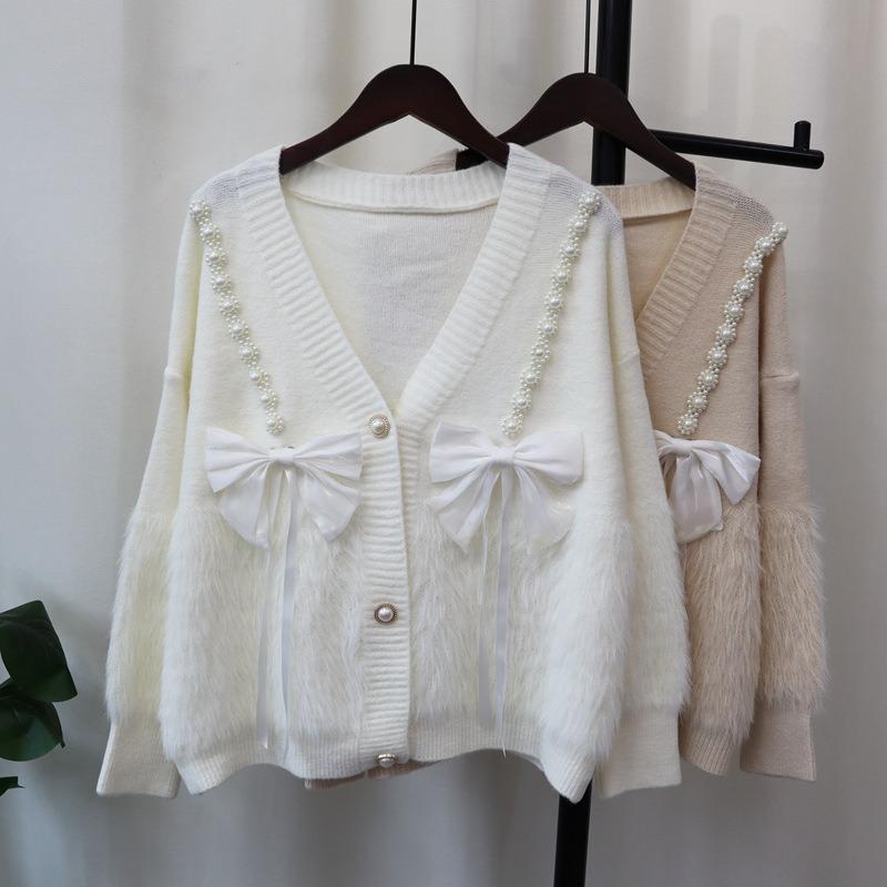 Autumn and winter new loose splicing imitation mink velvet knitted cardigan sweet bow soft waxy sweater jacket women