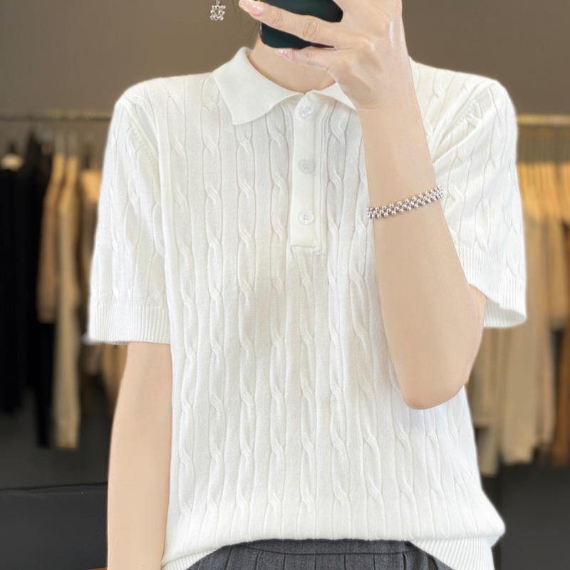2025 Spring Classic Cable Knit Polo Short Sleeve Pullover