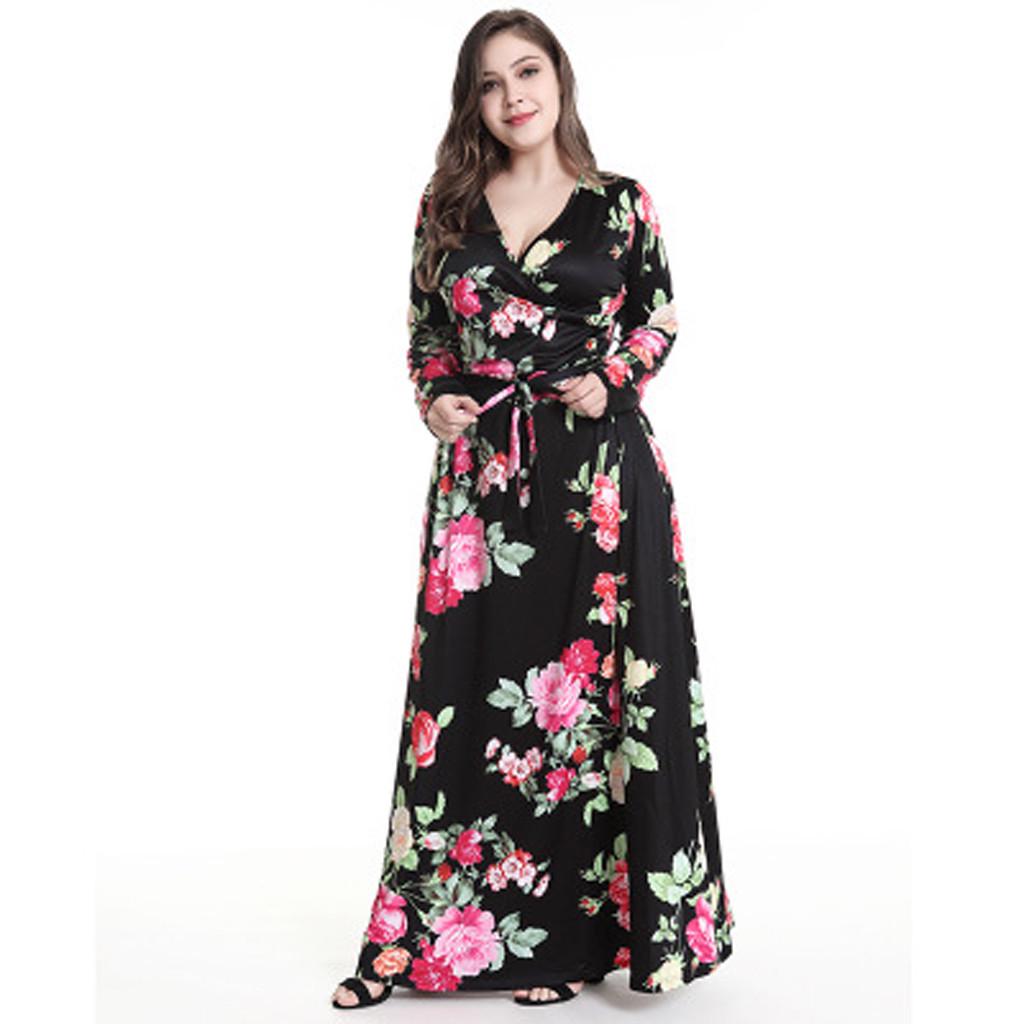 Buy Women Plus Size Dresses Floral V Neck Ladies Long Sleeve Holiday