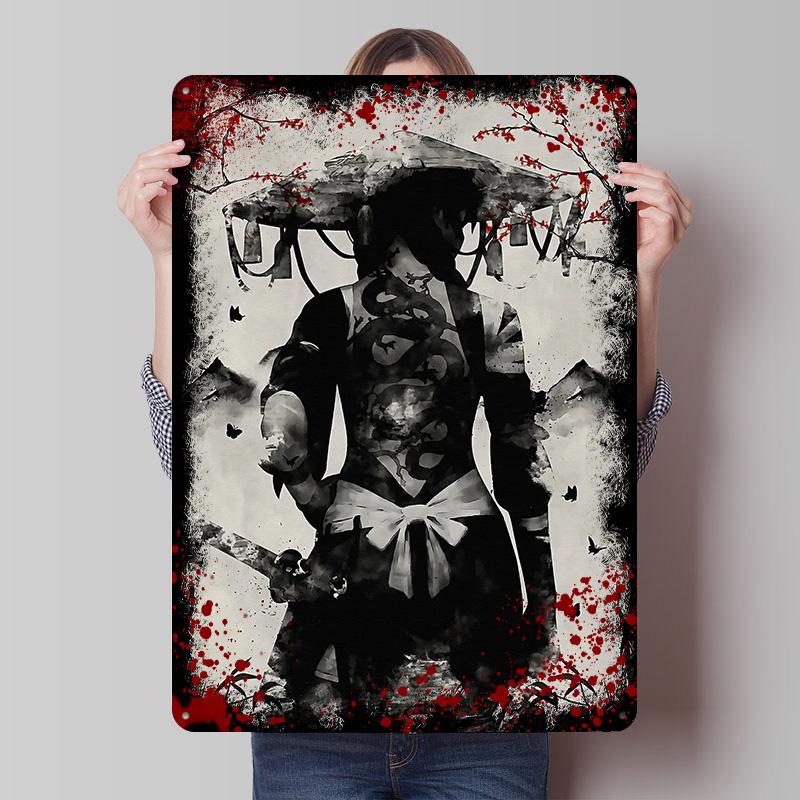 Samurai Girl Tinplate Poster Customized Wall Art Vintage Metal Signs Retro Tin Plaque for Modern Home Decoration Ornaments House