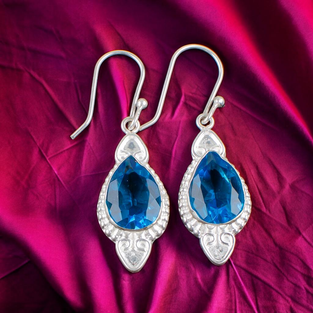 Swiss Blue Topaz Gemstone 925 Sterling Silver Jewelry Handmade Earrings 1.80" EE-42-8