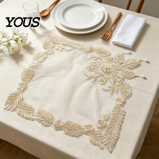 Decorative Mats for Dressing Table Floral Embroidered Placemat, Heat Insulation Mat with Beads, Lace Placemats Dining Retro Coaster Wedding