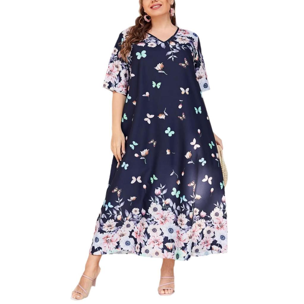 Plus Size V-Neck Short Sleeve Printed Pullover Dress - Spring/Summer Style