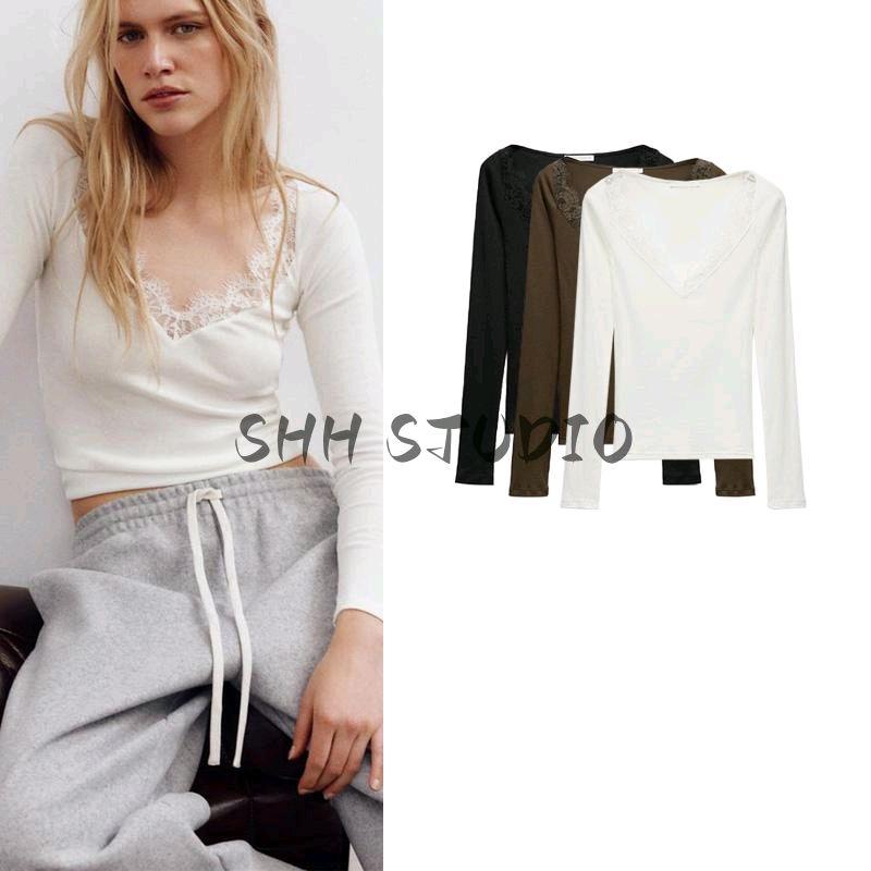 Spring New Women's Clothing Pure Desire Style V Neck Long Sleeves Multi-Color Selection Lace Decorative Cotton Rib T-shirt 5644314