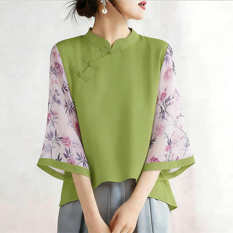 ZANZEA Damen Freizeit Print Transparent Einsatz 3/4 Ärmel Stehkragen Bluse
