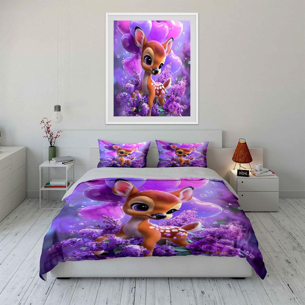 Adorable Fawn In Purple Blossoms Duvet Cover Set With 3D Printing Design Soft Polyester Bedding Set All-Season Comfort