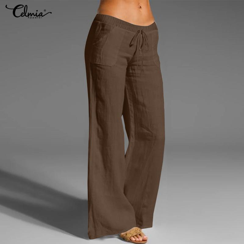 Celmia Spring Women's Cotton Linen Long Pants Pockets Elastic Yoga Wide Leg Solid Casual Loose Trousers Plus Size