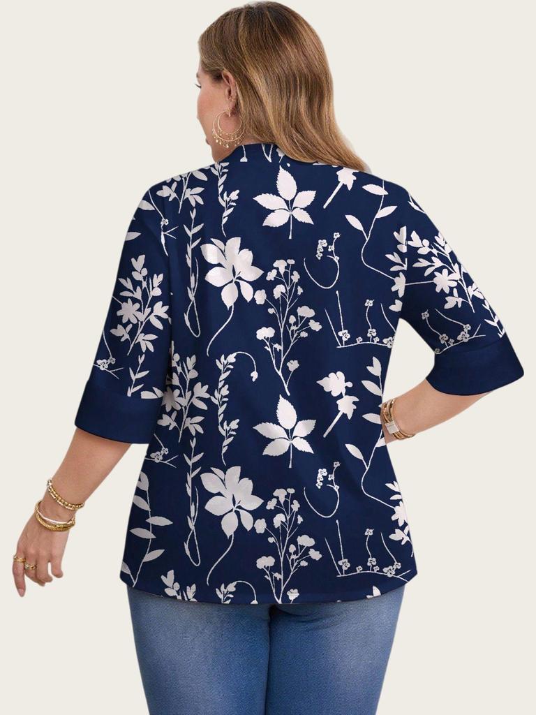 2025 Plus Size Floral Print Casual Two-Piece Seven-Sleeve Top for Women
