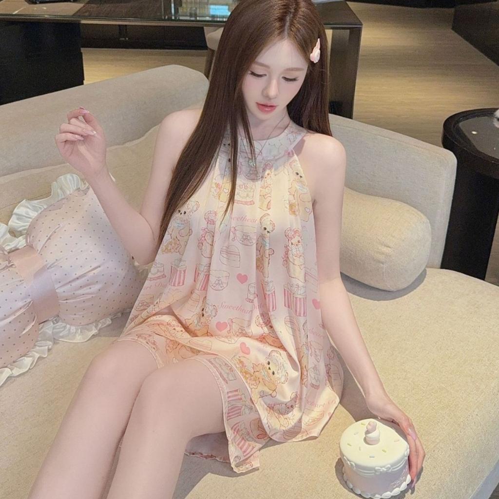 Popular summer new neck sleeveless loungewear cartoon butterfly can wear ice silk pajamas women