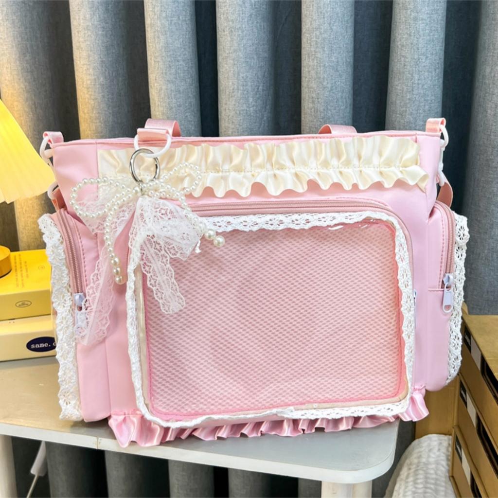 Zoete Lolita Transparante Poppen Badge Display Tas Kant Ruche Schouder Crossbody Tas Anime Ita Tas Casual Dames Messenger Bag