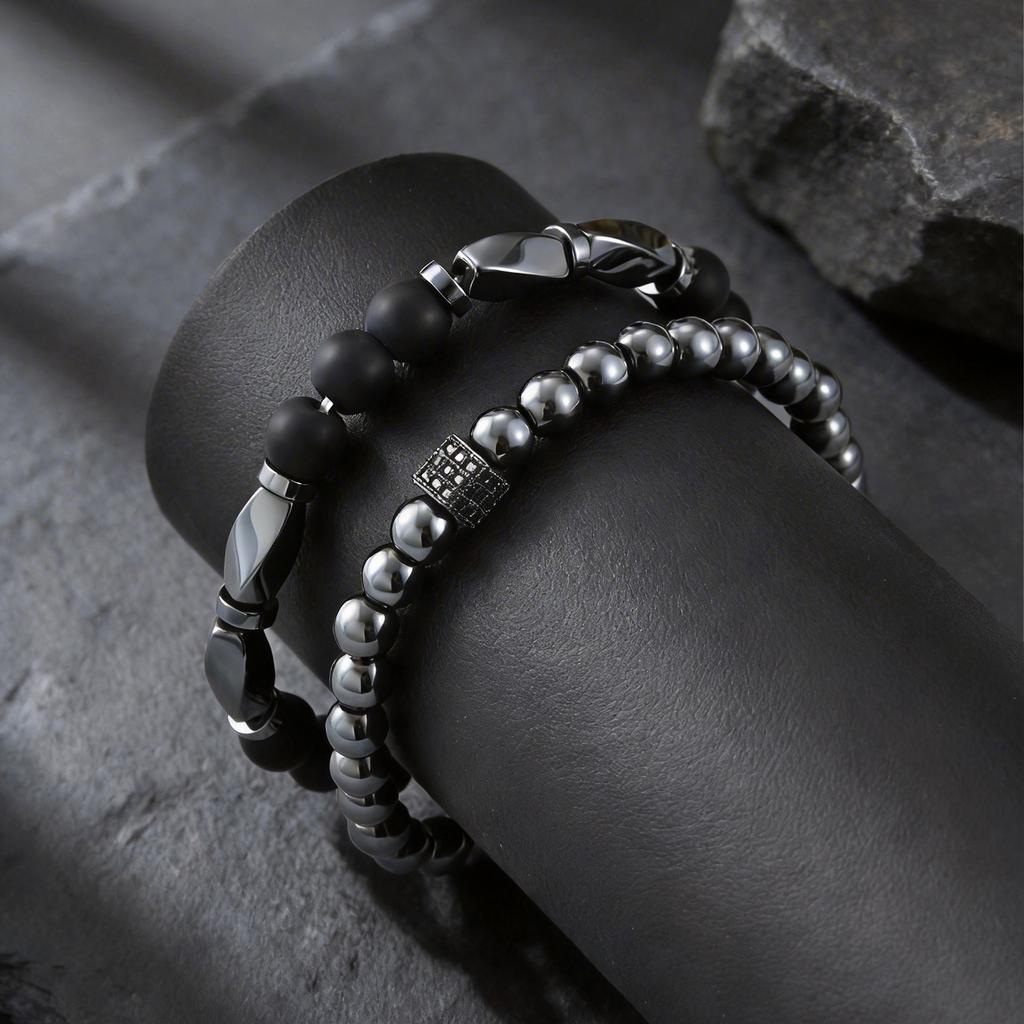2pcs Hematite Bracelet for Men Boys,Black Gallstone Elastic Beaded Bracelet,Yoga Healing Jewelry Gift