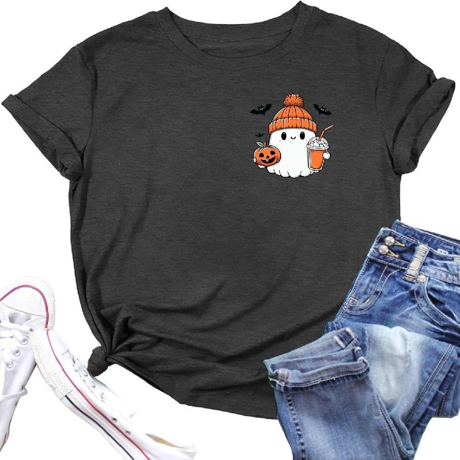 Halloween Shirts for Women Halloween Ghost T-Shirts Pumpkin Graphic Shirt Spooky Season Short Sleeve Tops S