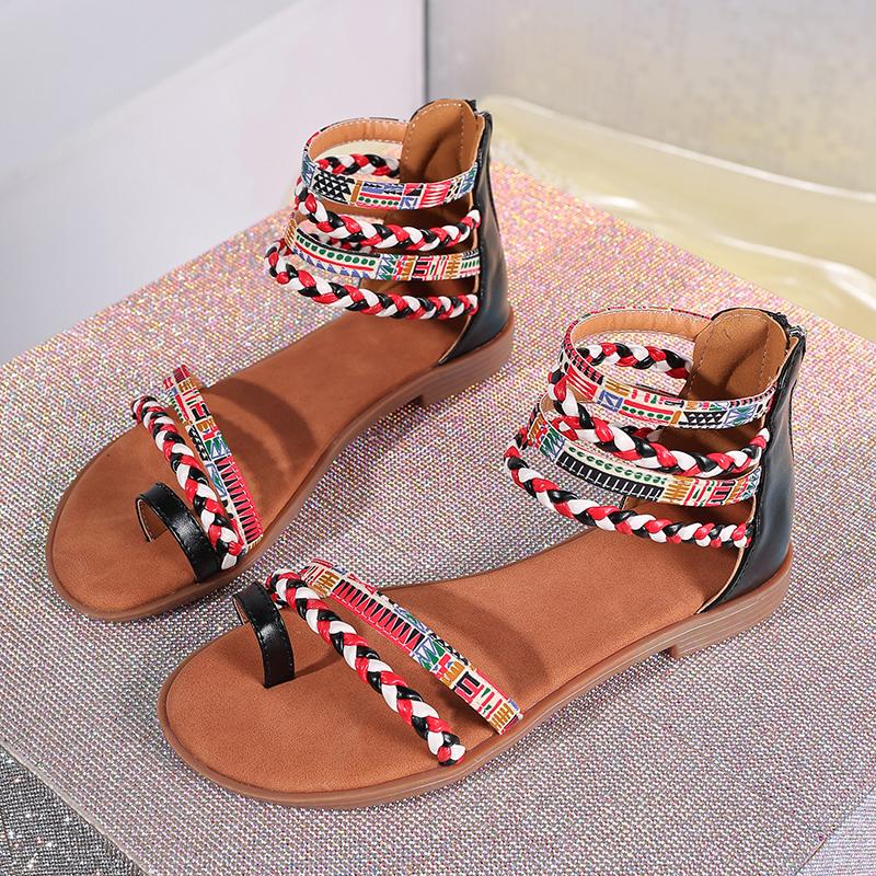 Fashion Summer New Bohemian Style Flat Sandals for Women Vintage Colorful Ribbon Combination Gladiator Flats Woman Back Zip Rome Sandals