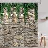 iTapnoom Vintage Stone Wall Shower Curtain, Green Plant Leaves Rustic Farmhouse Country Fabric Shower Curtain Set for Bathroom D