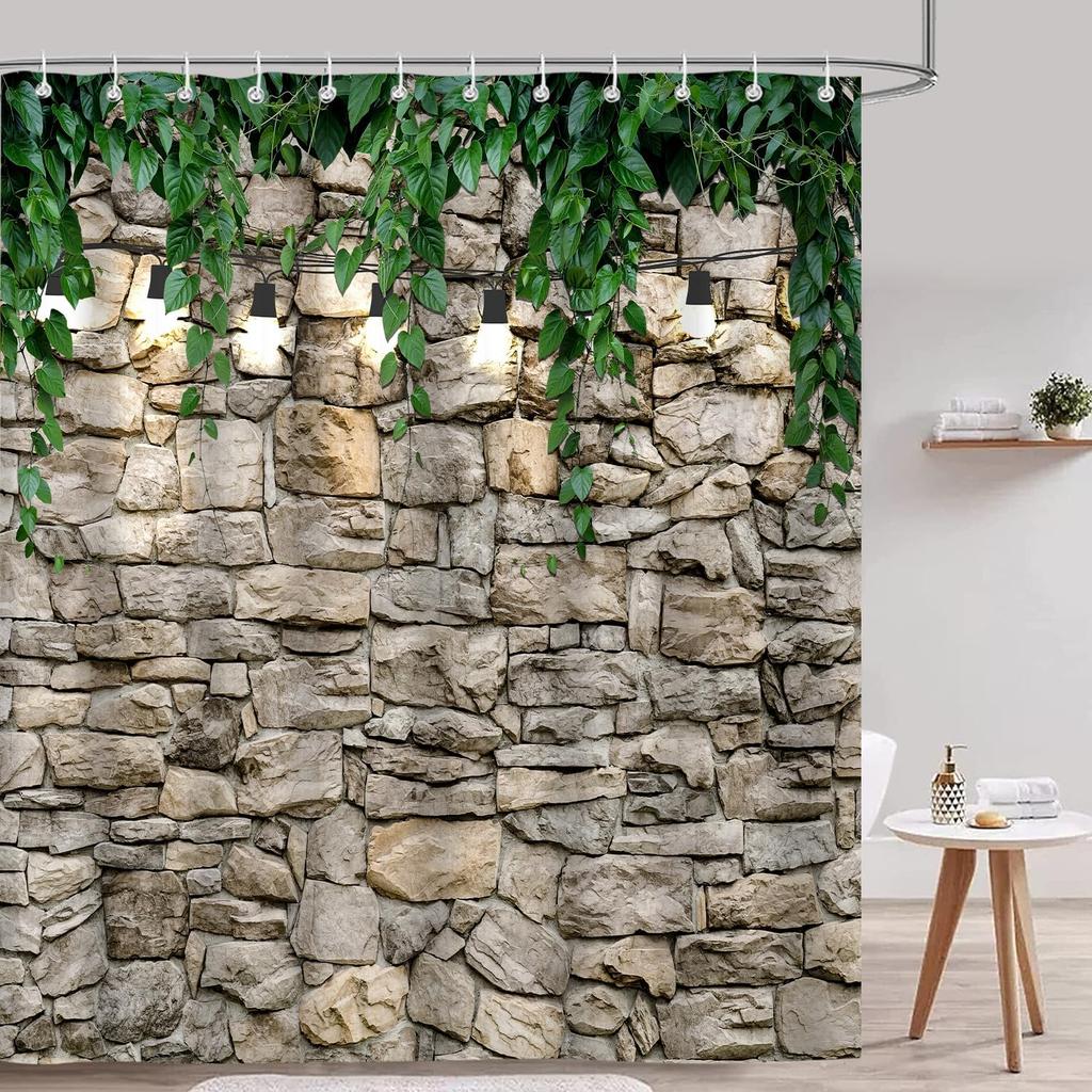 iTapnoom Vintage Stone Wall Shower Curtain, Green Plant Leaves Rustic Farmhouse Country Fabric Shower Curtain Set for Bathroom D
