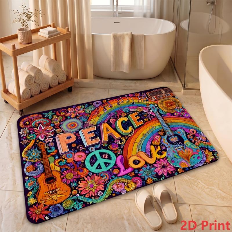 Hippie Peace and Love Pattern Doormat Washable Anti Slip Rug Indoor Kitchen Bathroom Bedroom Living Room Decor Mat