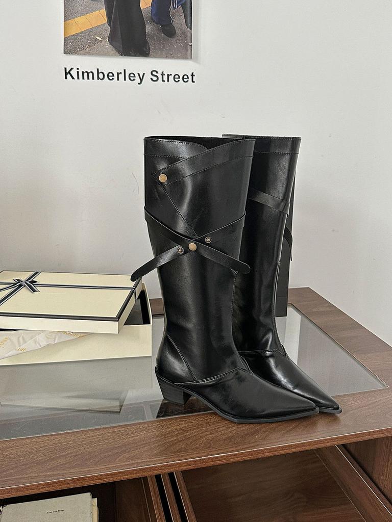 2025 new knee boots high boots European and American thin pointed thick high heel belt buckle knight boots women