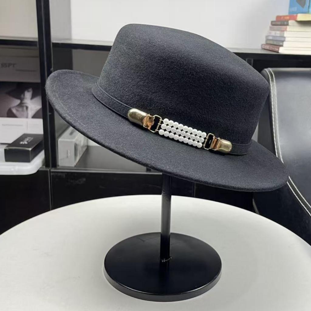 Celebrity Style Australian Wool Material Gray Brimmed Top Hat Women's Autumn and Winter Temperament Elegant Versatile Basin Hat Flat Top Hat