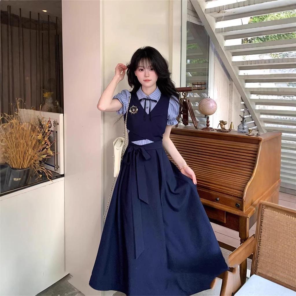 Vestito Primaverile a Finta Due Pezzi con Pizzo e Fiocco Dolce in Stile Coreano per Ragazze Energiche