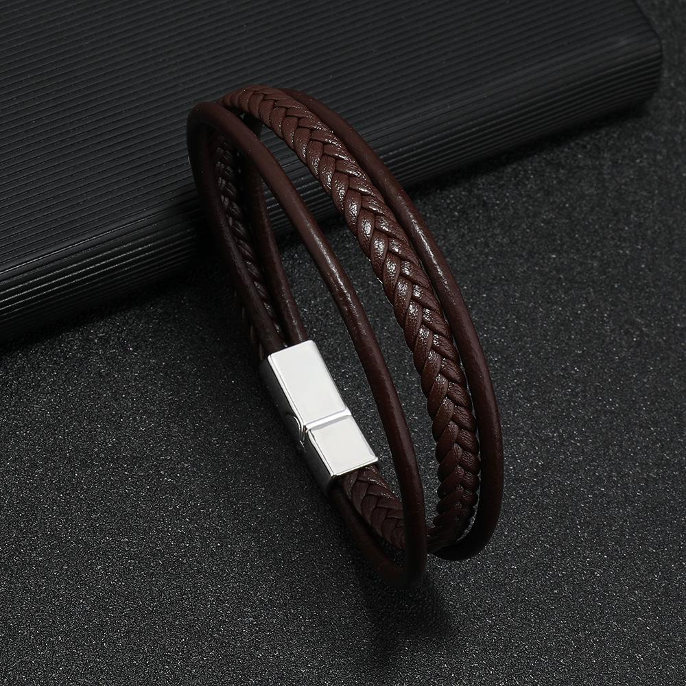 

Multi Layer Braided Leather Bracelet For Men Minimalist Retro Commute Wristband Stylish Durable Accessory темно-коричневого кольору