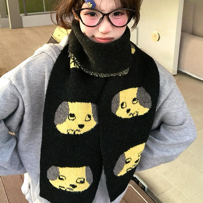 Korean Cute Cartoon Puppy Knitted Scarf Women's Autumn and Winter New Thickened Warm Versatile Neck Protection Couple Scarf