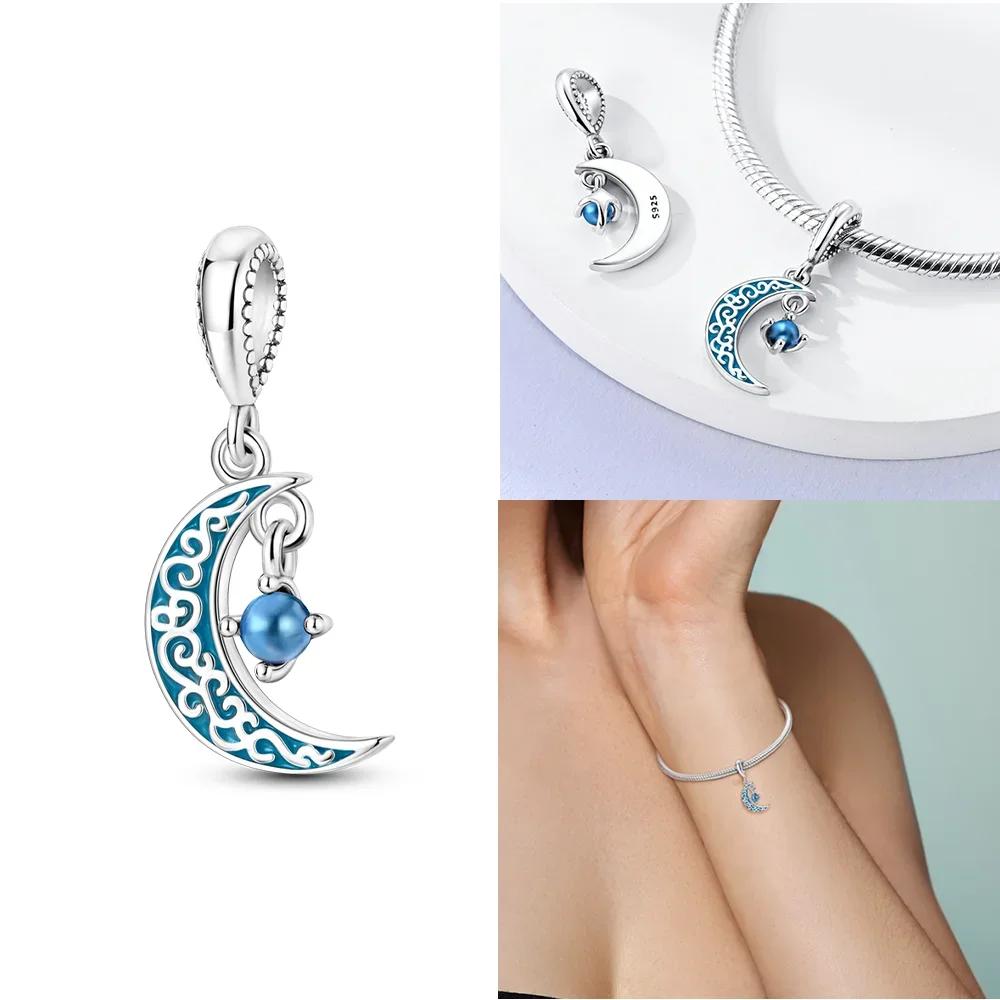 Authentischer Kupfer-Charm Mond Gelbe Sterne Blaue Zirkone Federn Perlen-Charms Kompatibel mit Armbändern Damen DIY-Accessoire Valentinstag Feines Geschenk