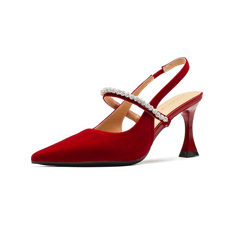 73215 [sheepskin] high heels women's thin heels 2025 bag head empty sandals pointed French suede single shoes