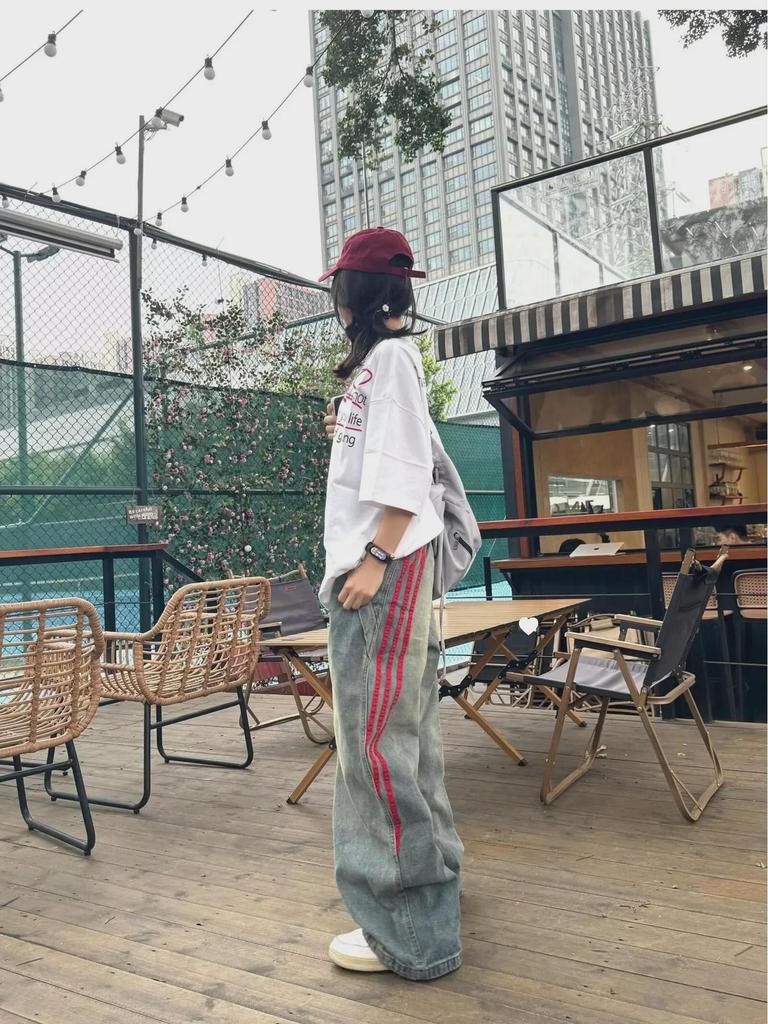Unisex Striped Distressed Jeans - 2024 Spring Collection: Loose Wide-Leg Fit (Men & Women)