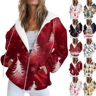 Women's Casual Christmas Printed Sweatshirt Autumn And Winter Long Sleeved Sweatshirt With Pocket Zipper Hooded Jacket